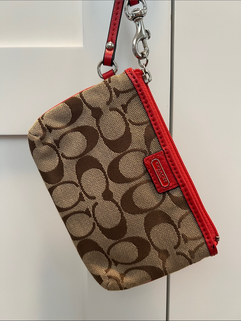 🧡💛Coach Signature Canvas Wristlet Khaki Brown Red Trim Small Pouch